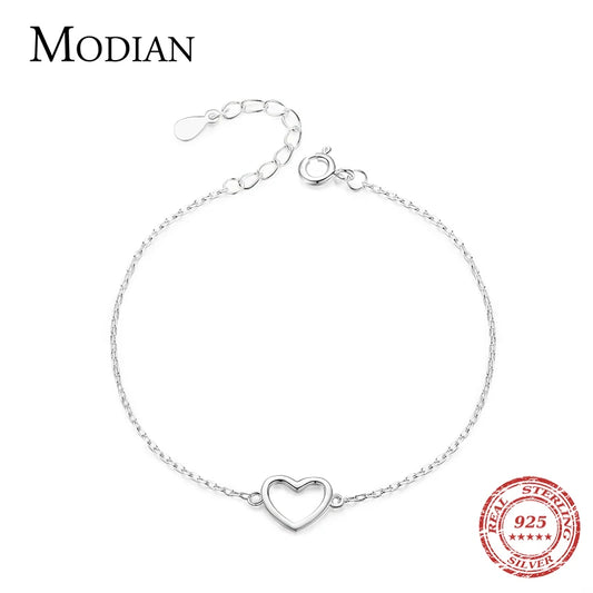 925 Sterling Silver Classic Simple Heart Link Chain Bracelet