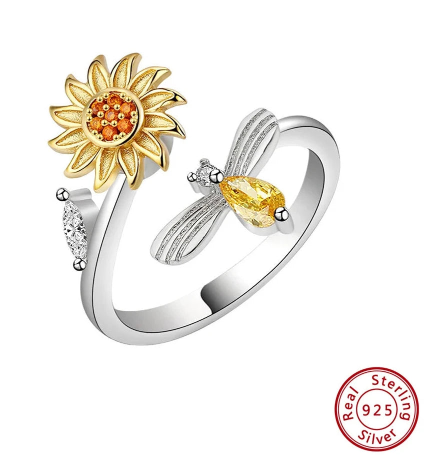 925 Sterling Silver Sunflower Rotating Ring