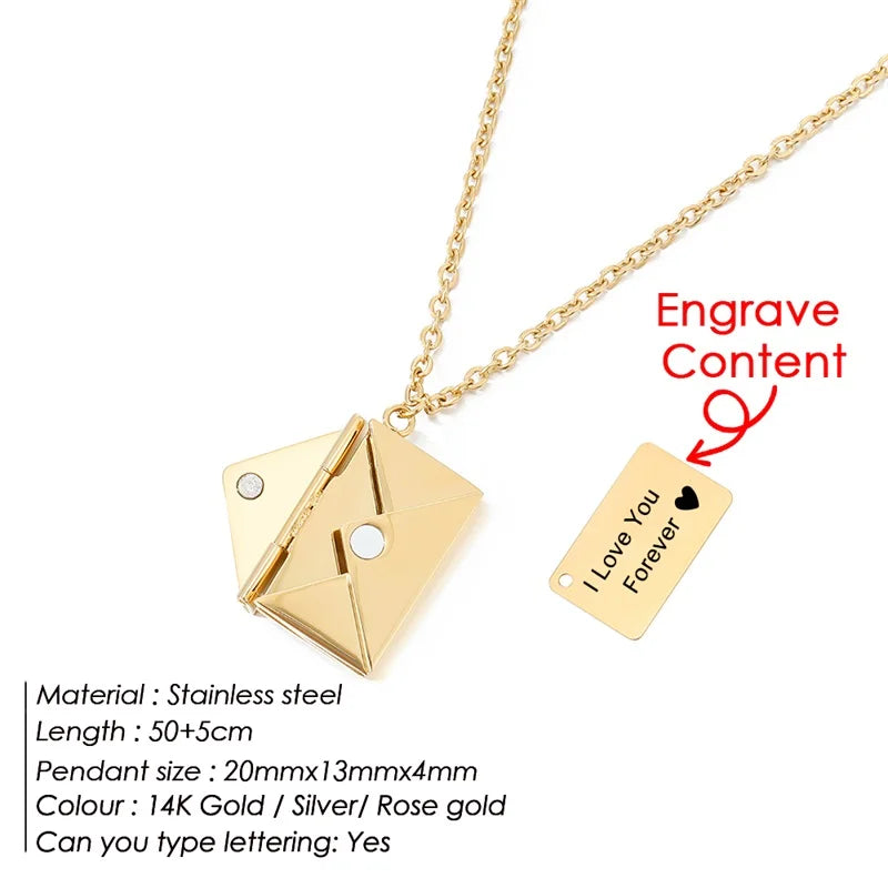 Love Letter Envelope Pendant Necklace Stainless Steel