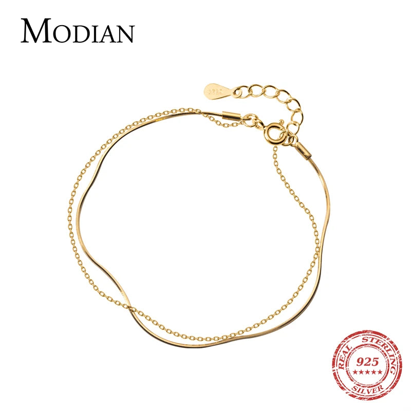 Modian New 925 Sterling Silver Gold Color Double Layer Naked Chain Bracelet for Women Fashion Link Chain Original Fine Jewelry