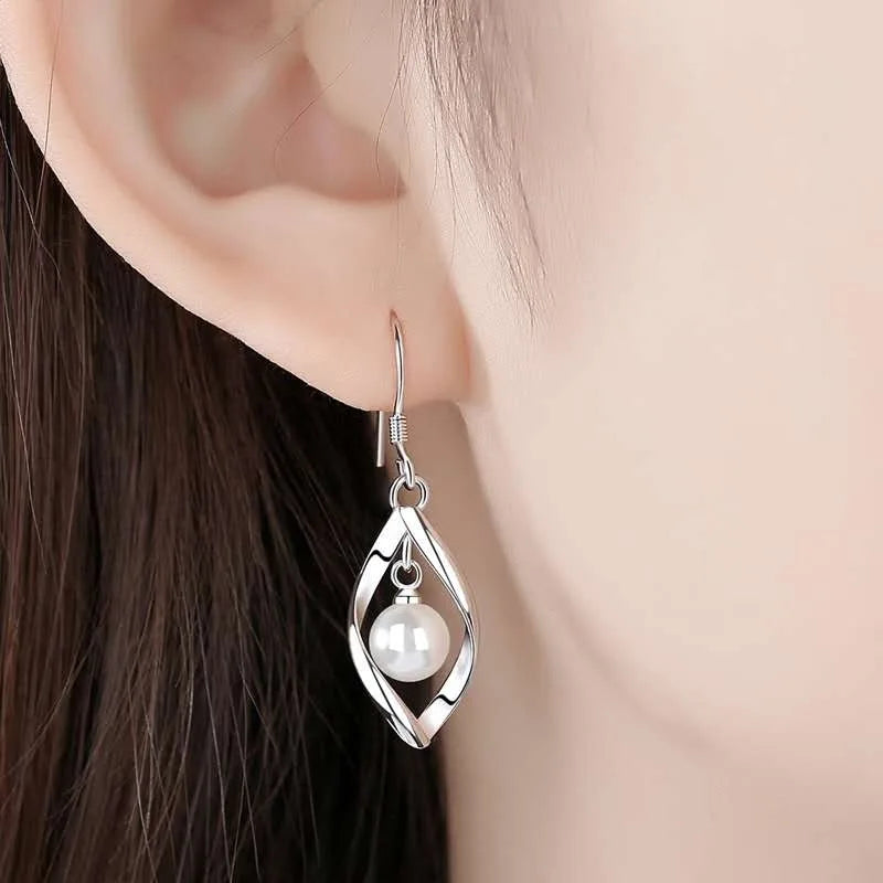 Fashionable 925 Sterling Silver Pearl Drop Earrings for Women with Hollow Leaf Design