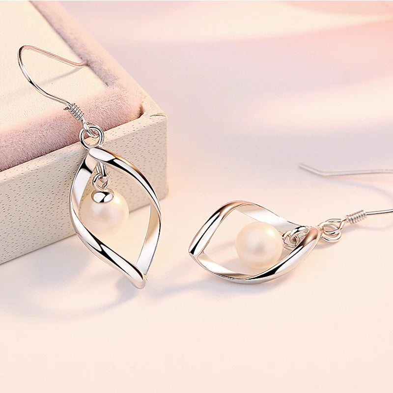 Fashionable 925 Sterling Silver Pearl Drop Earrings for Women with Hollow Leaf Design