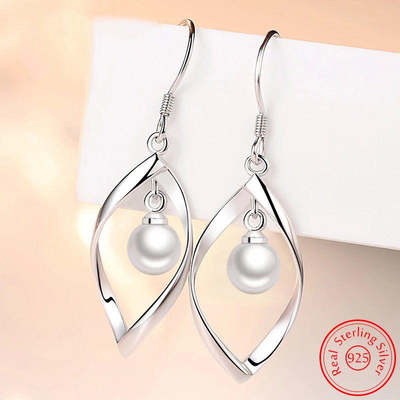 Fashionable 925 Sterling Silver Pearl Drop Earrings for Women with Hollow Leaf Design