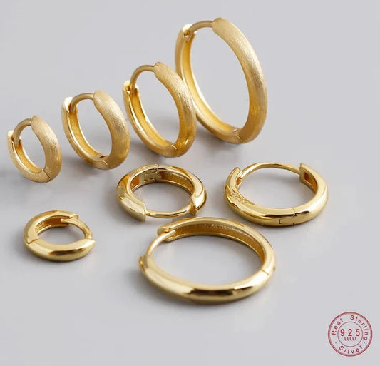 Gold Plated 925 Sterling Silver Minimalist Matte Huggies Ear Hoop Earrings