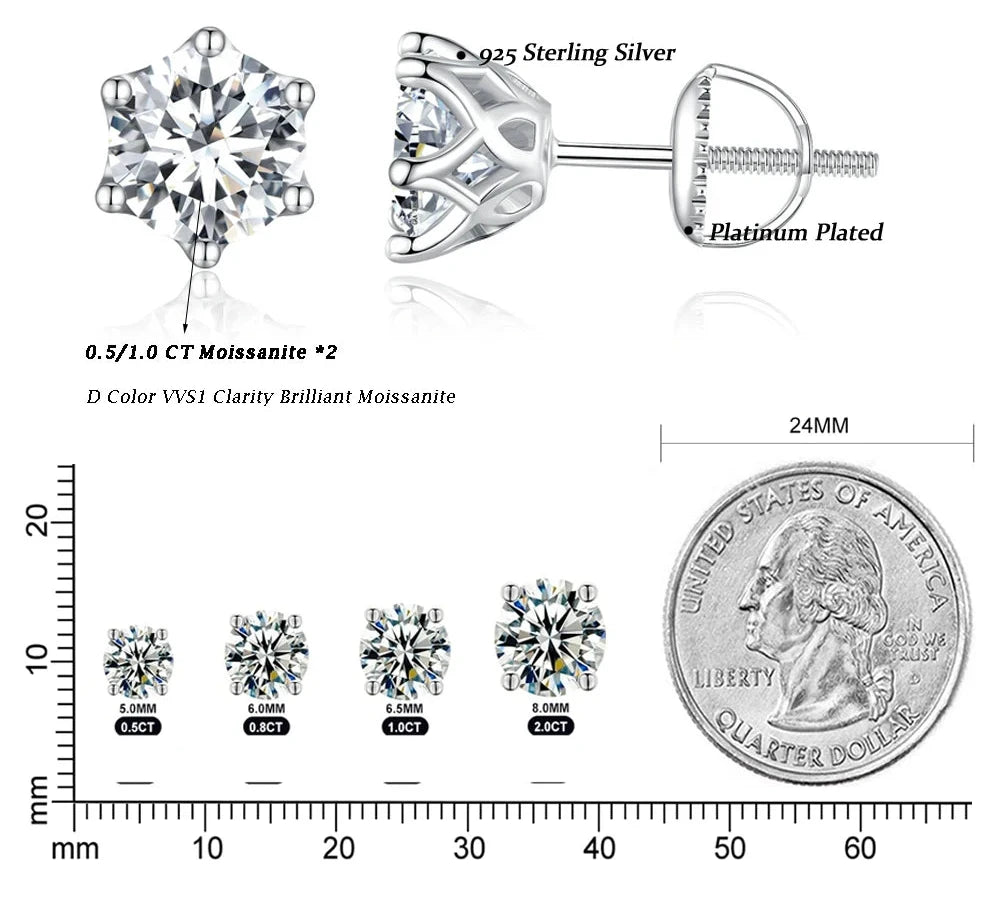 Classic Moissanite Stud Earrings, S925 Silver D Color Brilliant Round Cut Lab Created Diamond Wedding Engagement Earrings