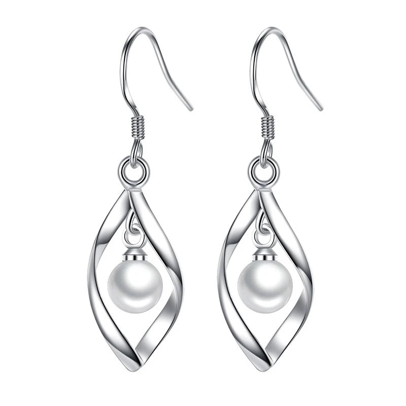 Fashionable 925 Sterling Silver Pearl Drop Earrings for Women with Hollow Leaf Design