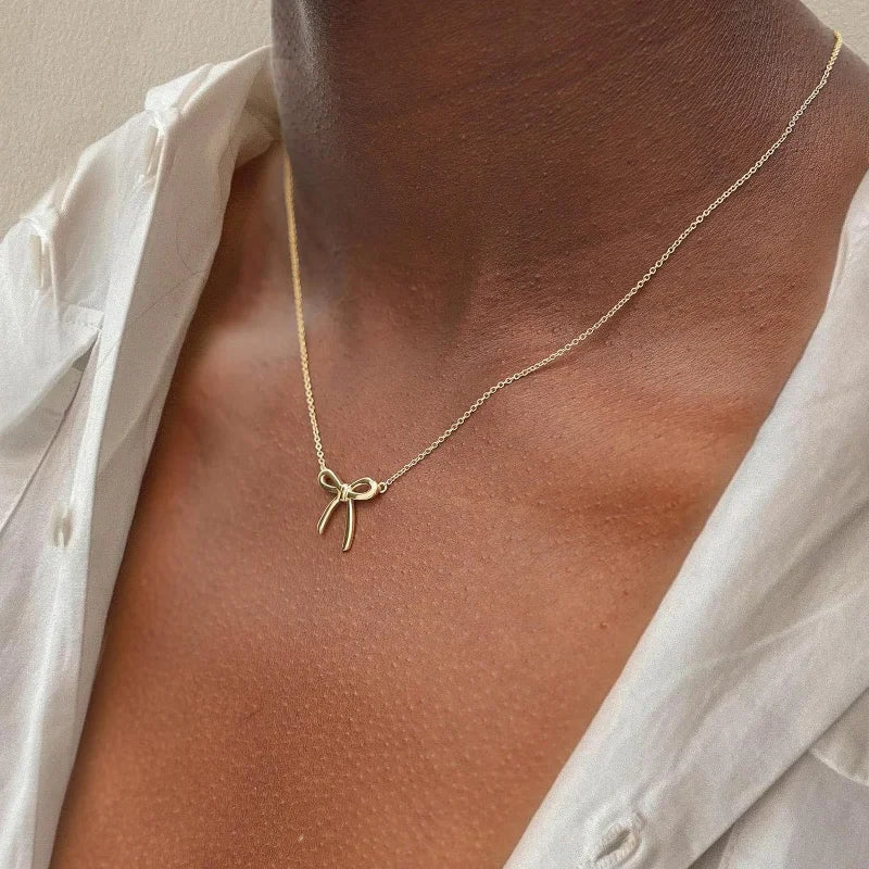 Dainty Gold Bow Necklace 14K plated for  Women Mom Teen Girls Cute Tiny Pendant Choker Chain Jewelry Gift