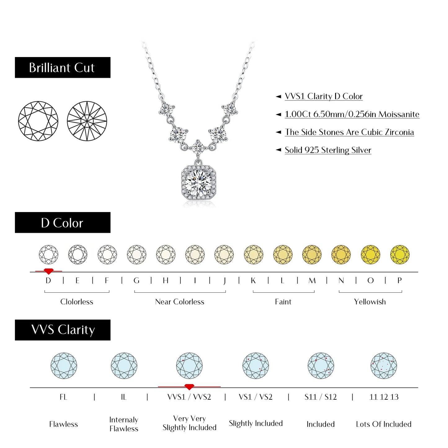 Moissanite Necklace with 925 Sterling Silver Luxury Halo Charm Pendant for Bridal Wedding Jewelry for Women