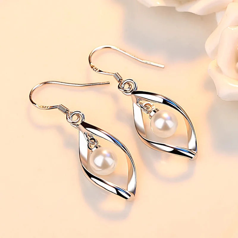 Fashionable 925 Sterling Silver Pearl Drop Earrings for Women with Hollow Leaf Design