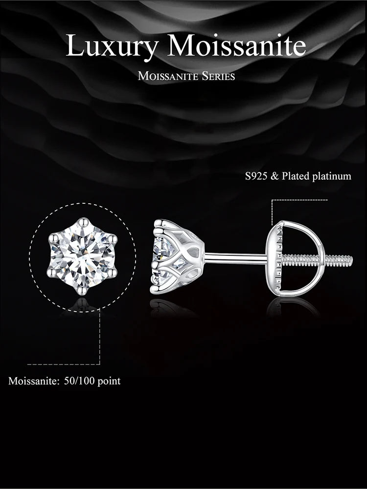 Classic Moissanite Stud Earrings, S925 Silver D Color Brilliant Round Cut Lab Created Diamond Wedding Engagement Earrings