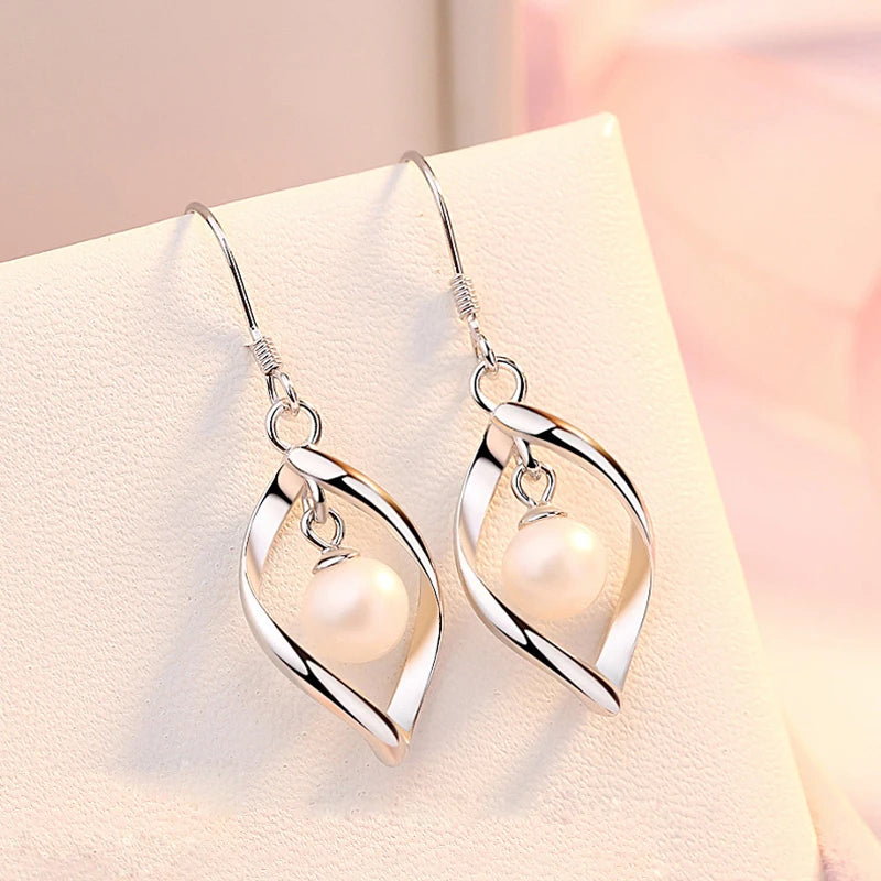 Fashionable 925 Sterling Silver Pearl Drop Earrings for Women with Hollow Leaf Design