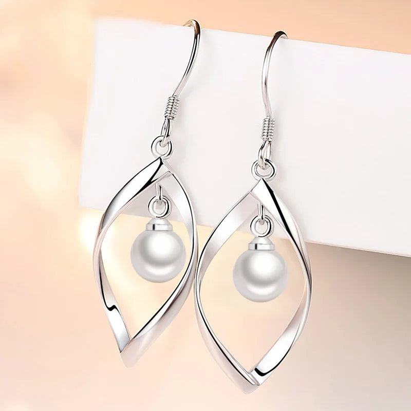 Fashionable 925 Sterling Silver Pearl Drop Earrings for Women with Hollow Leaf Design