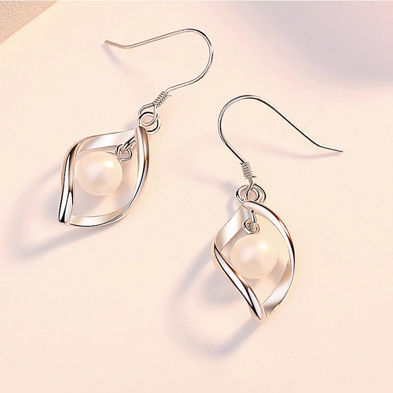 Fashionable 925 Sterling Silver Pearl Drop Earrings for Women with Hollow Leaf Design