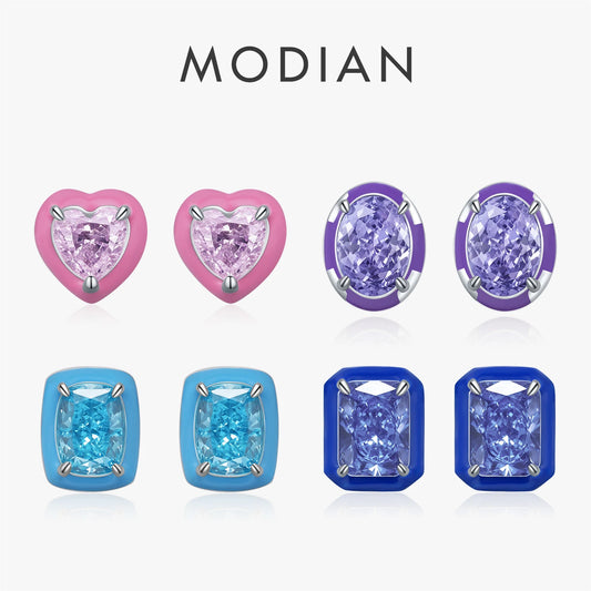 MODIAN Heart Oval Multicolor Enamel Stud Earrings Luxury Crushed Ice Cut CZ 925 Sterling Silver Earrings for Women