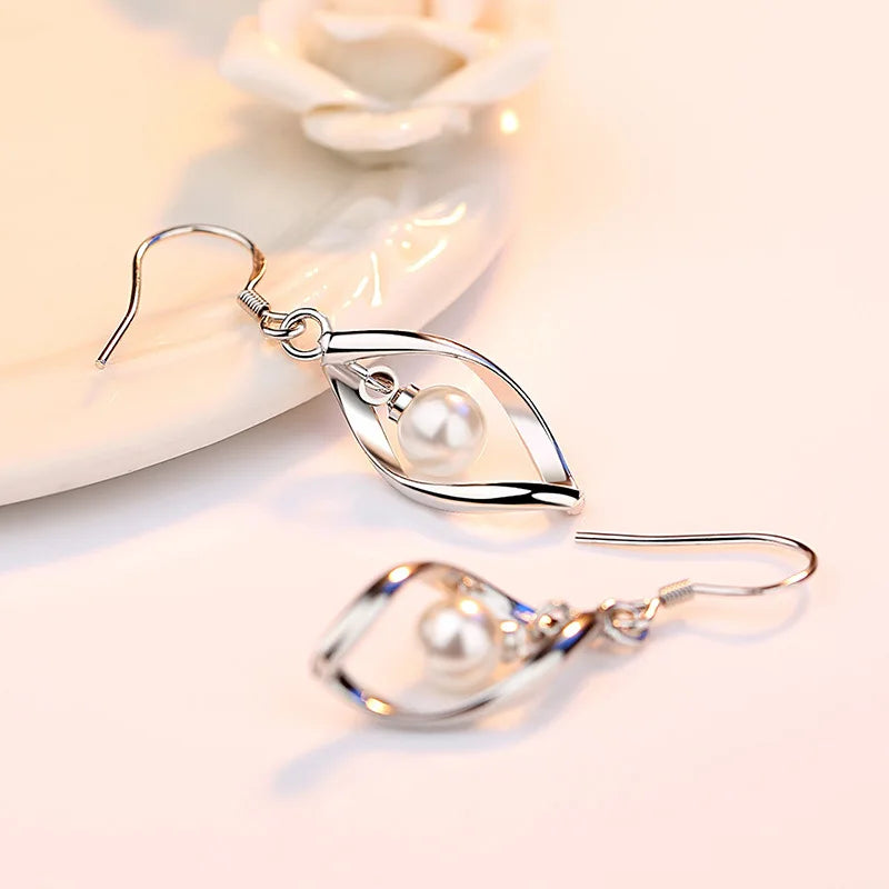 Fashionable 925 Sterling Silver Pearl Drop Earrings for Women with Hollow Leaf Design