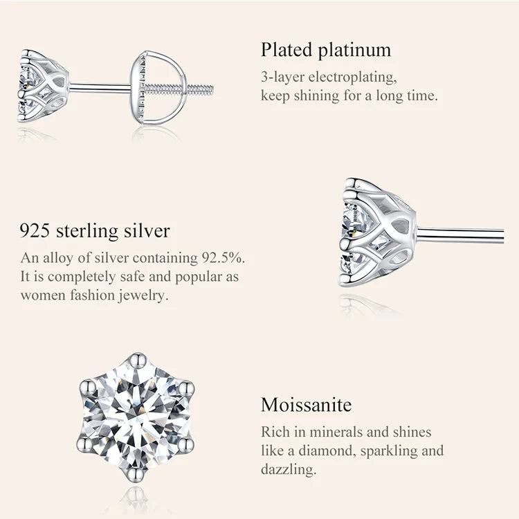 Classic Moissanite Stud Earrings, S925 Silver D Color Brilliant Round Cut Lab Created Diamond Wedding Engagement Earrings