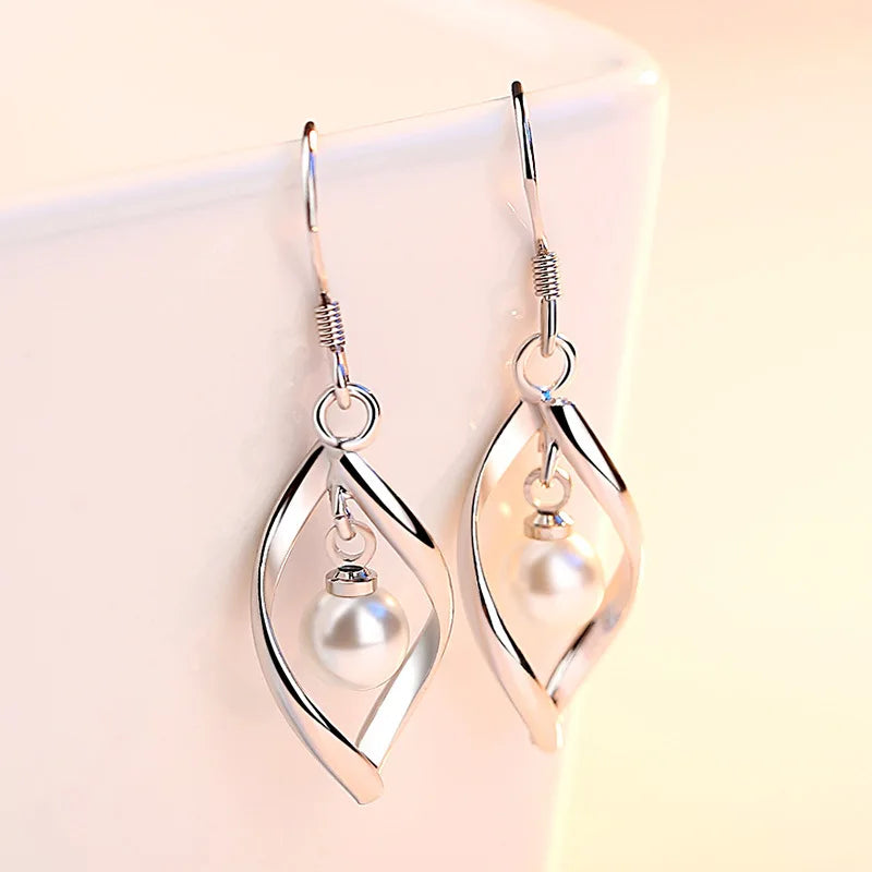 Fashionable 925 Sterling Silver Pearl Drop Earrings for Women with Hollow Leaf Design