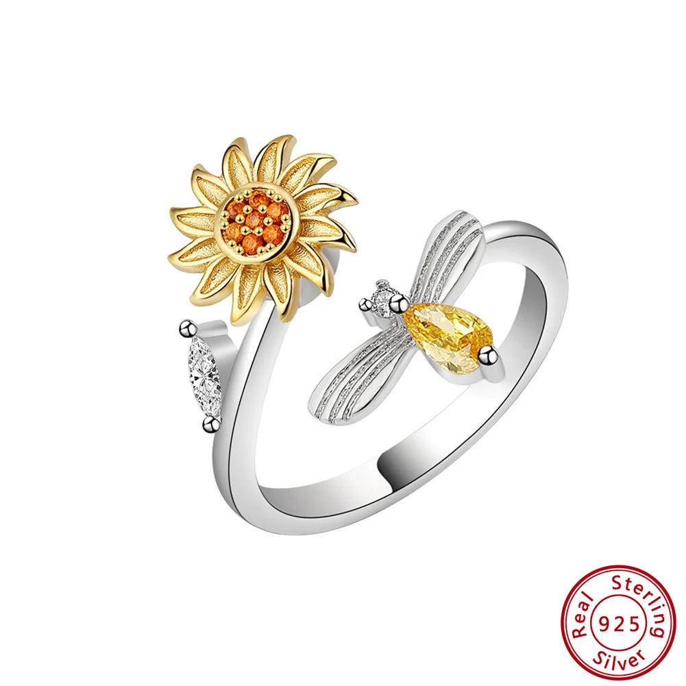 925 Sterling Silver Sunflower Rotating Ring