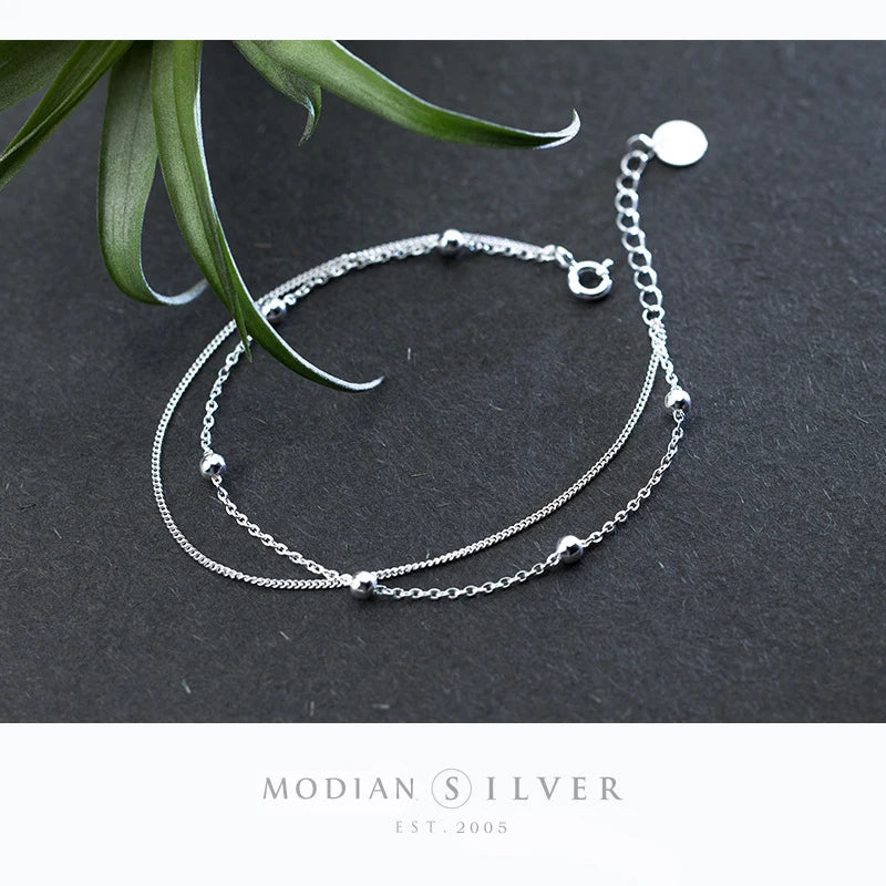 Simple Beads Line Chain Bracelets 925 Sterling Silver